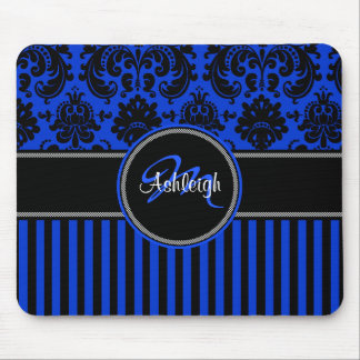 Monogram Blue Black White Stripe Damask Mousepad