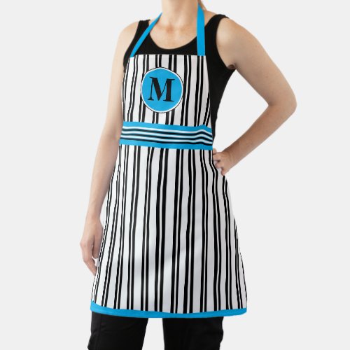 Monogram Blue Black White Stripe Line Pattern Apron