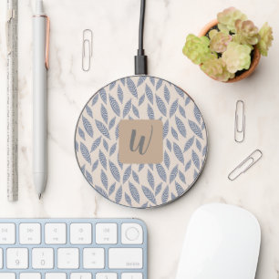 Monogram Blue Botanical Leaves Wireless Charger
