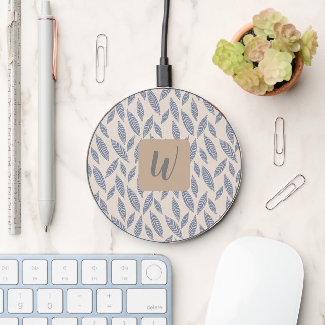 Monogram Blue Botanical Leaves Wireless Charger (Desk)