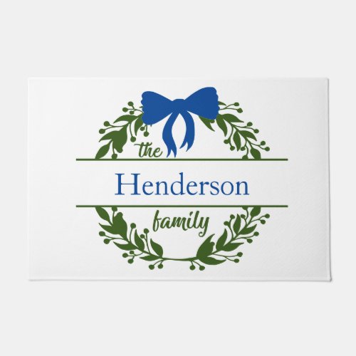 Monogram Blue Bow Green Wreath Family Name  Doormat