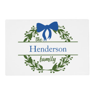 Monogram Blue Bow Green Wreath Family Name Placemat