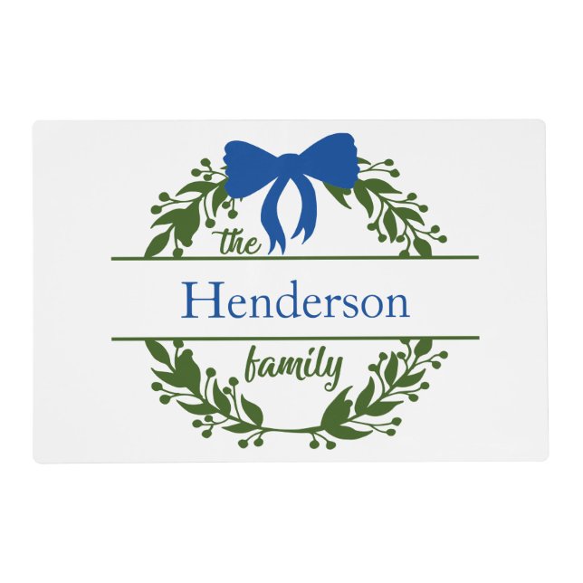 Monogram Blue Bow Green Wreath Family Name  Placemat (Front)