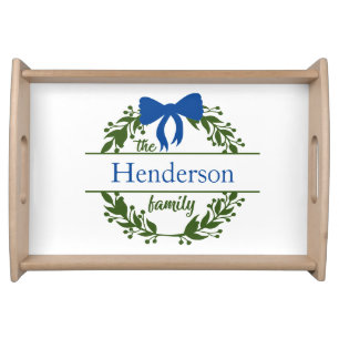 Monogram Blue Bow Green Wreath Family Name  Serving Tray