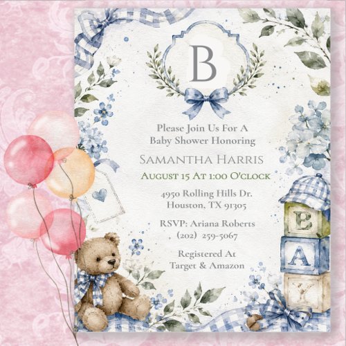 Monogram Blue Boy Baby Shower Invitation