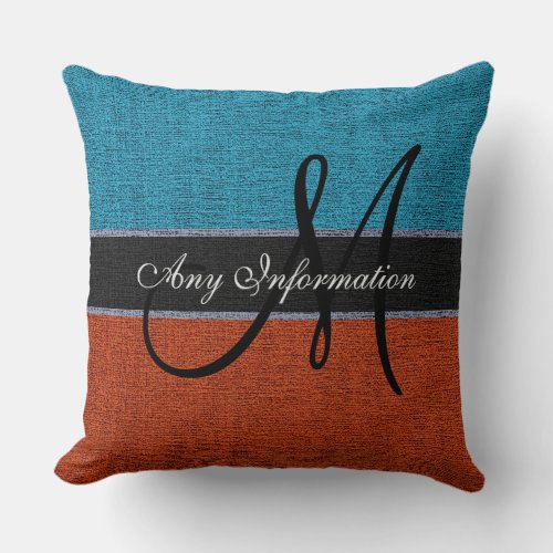 Monogram Blue  Brown Burlap Rustic Jute Throw Pillow