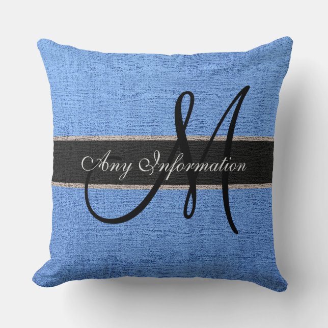 Monogram Blue Burlap Rustic Jute Throw Pillow (Front)