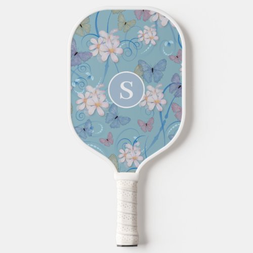 Monogram Blue Butterfly Floral  Pickleball Paddle