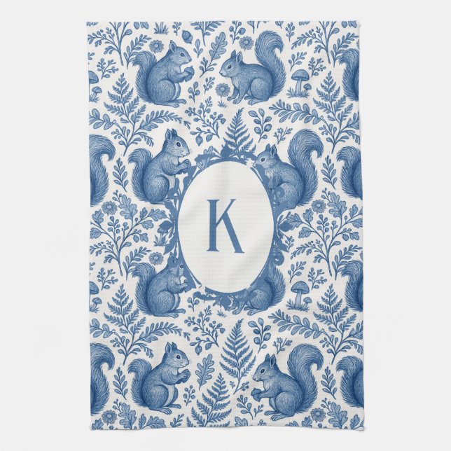 Monogram Blue Chinoiserie Squirrel Woodland Kitchen Towel (Vertical)