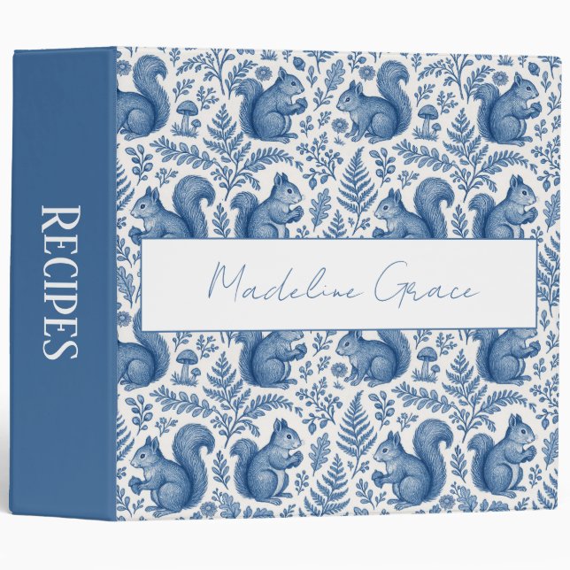 Monogram Blue Chinoiserie Squirrel Woodland Recipe 3 Ring Binder (Front/Spine)