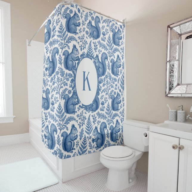 Monogram Blue Chinoiserie Squirrel Woodland Shower Curtain (In Situ)