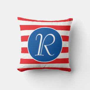 Monogram Blue Circle Red & White Stripe Throw Pillow