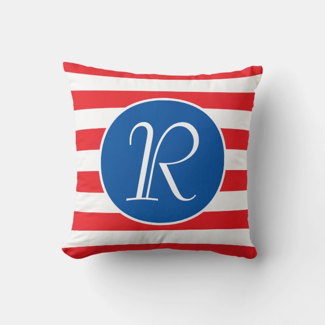 Monogram Blue Circle | Red & White Stripe Throw Pillow (Front)