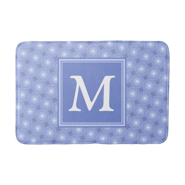 Monogram blue circles pattern bathroom mat (Front)