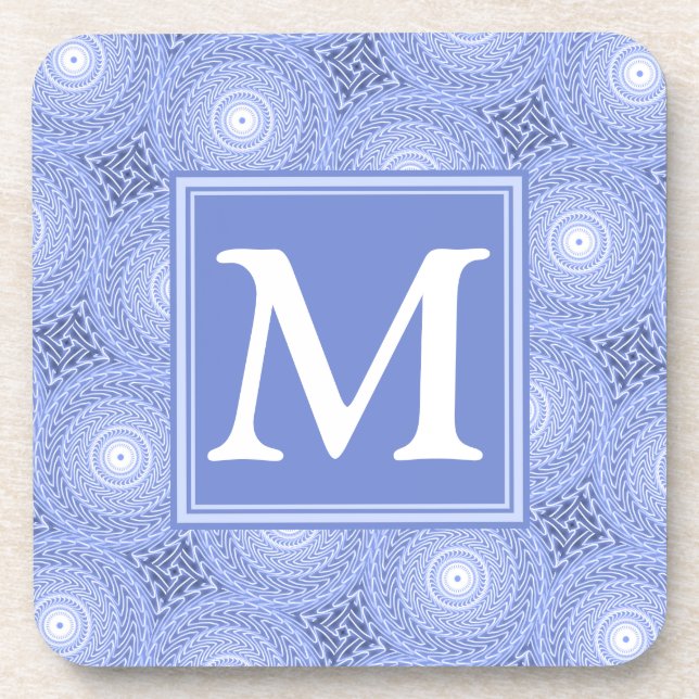 Monogram blue circles pattern beverage coaster (Front)