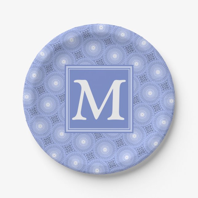 Monogram blue circles pattern paper plates (Front)