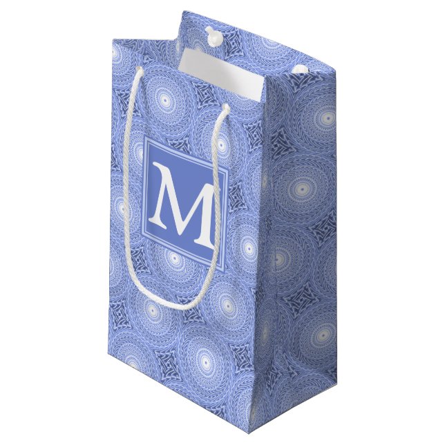 Monogram blue circles pattern small gift bag (Front Angled)