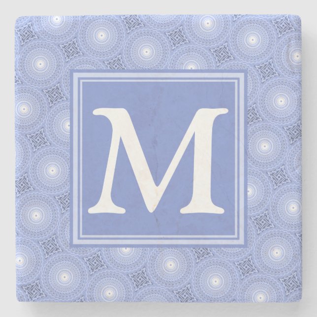 Monogram blue circles pattern stone coaster (Front)