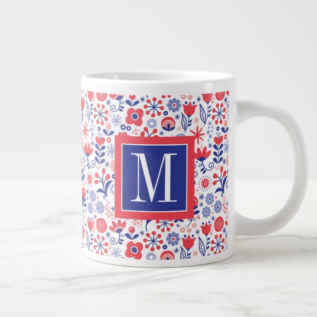 Monogram | Blue & Coral Floral Pattern Giant Coffee Mug (Right)