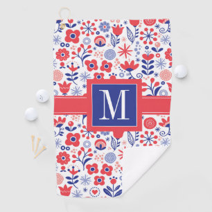 Monogram   Blue & Coral Floral Pattern Golf Towel