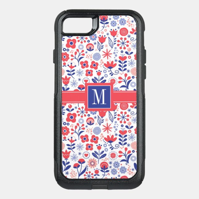 Monogram | Blue & Coral Floral Pattern Otterbox iPhone Case (Back)
