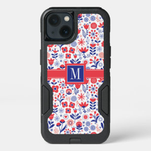 Monogram   Blue & Coral Floral Pattern iPhone 13 Case