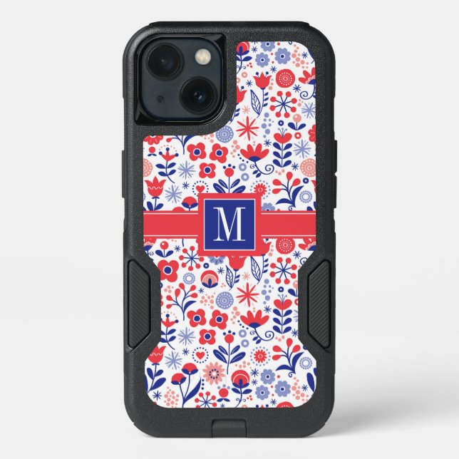 Monogram | Blue & Coral Floral Pattern Otterbox iPhone Case (Back)