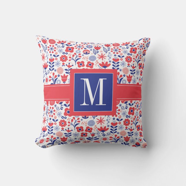 Monogram | Blue & Coral Floral Pattern Throw Pillow (Front)