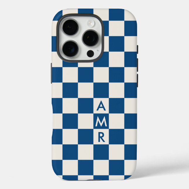 Monogram Blue Cream Checkered Pattern Case-Mate iPhone Case (Back)
