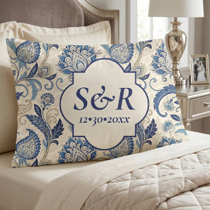 Monogram Blue & Cream Damask Floral Wedding Pillow Case