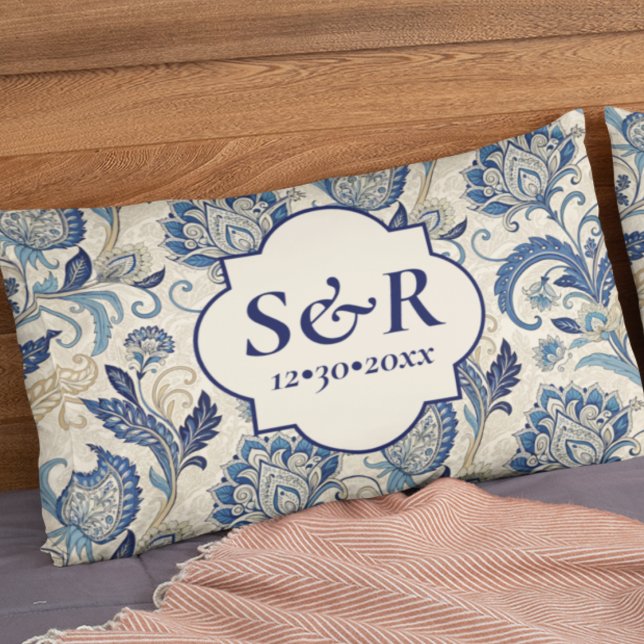 Monogram Blue & Cream Damask Floral Wedding Pillow Case (Creator Uploaded)