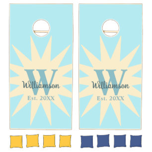 Monogram blue cyan yellow sun retro summer beach  cornhole set