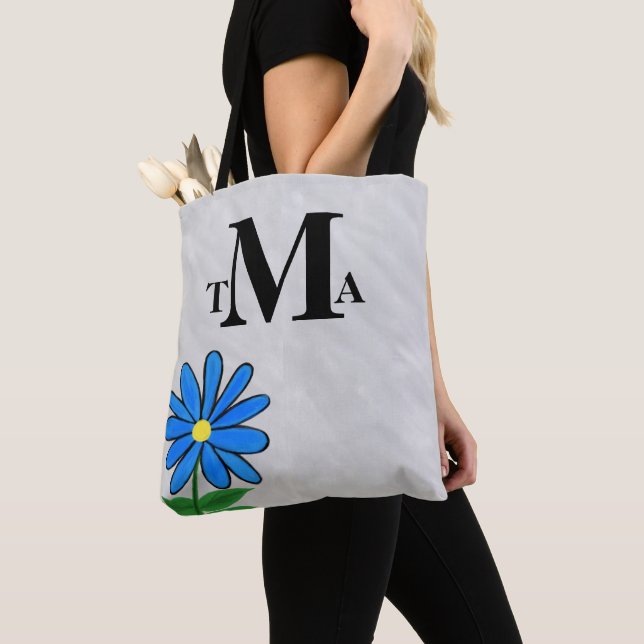 Monogram Blue Daisy Tote Bag (Close Up)