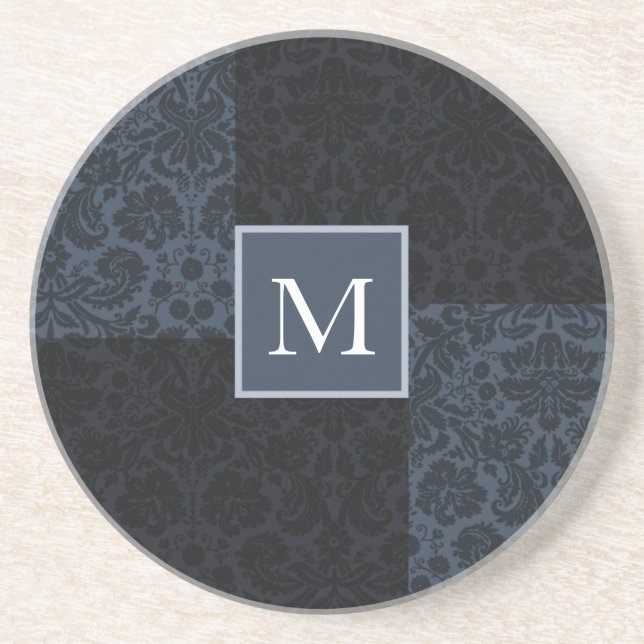 monogram blue damask sandstone coaster (Front)