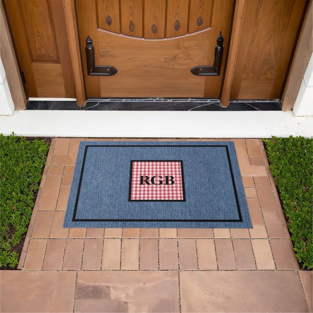 Monogram Blue Denim Red White Check Pattern Doormat (Outdoor)