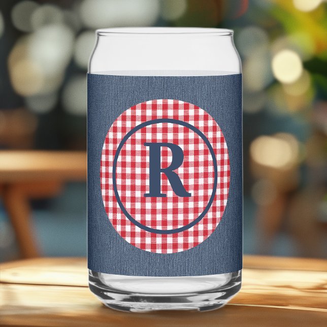Monogram | Blue Denim, Red White Circle Frame Can Glass (Creator Uploaded)