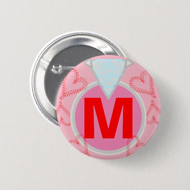 Monogram Blue Diamond Red Hearts Button (Front & Back)
