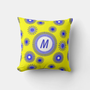 Monogram Blue Digital Flower Pattern Throw Pillow