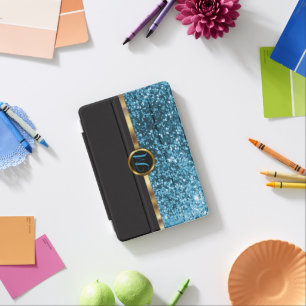 Monogram Blue Faux Glitter and Black iPad Pro Cove iPad Mini Cover