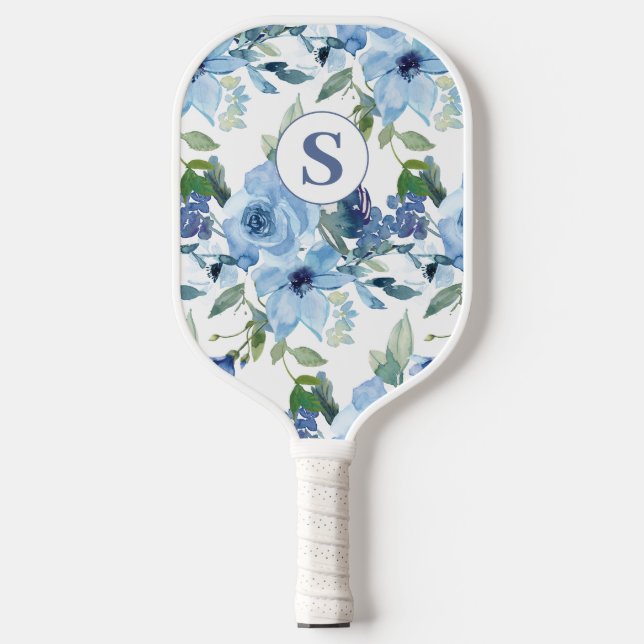 Monogram Blue Floral Botanical Pickleball Paddle (Front)