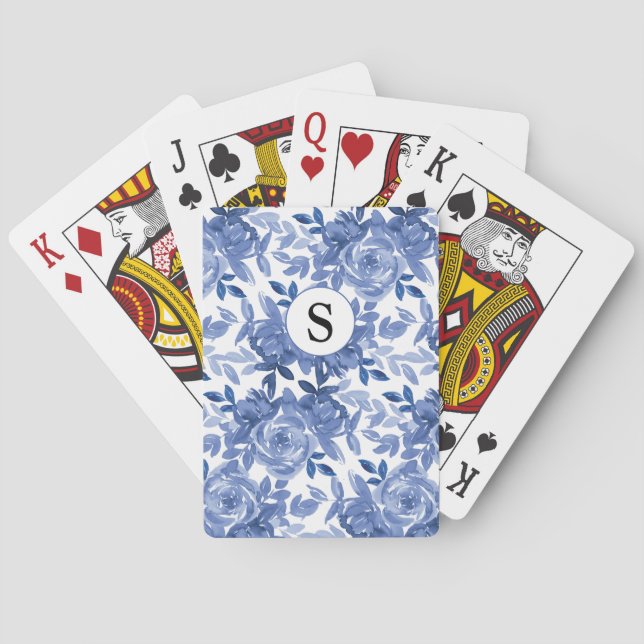 Monogram Blue Floral Botanical  Poker Cards (Back)