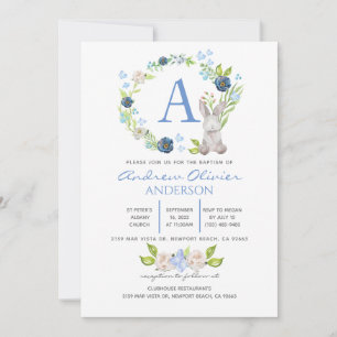 Monogram Blue Floral Greenery Baptism Boy Invitation