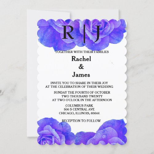 Monogram Blue Floral Rose Flowers Blooms Wedding Invitation