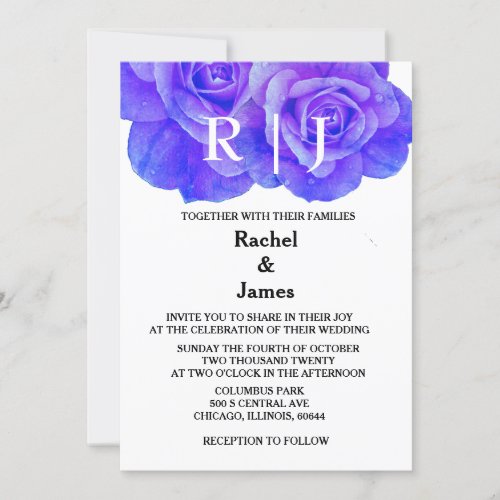 Monogram Blue Floral Rose Flowers Elegant Wedding Invitation