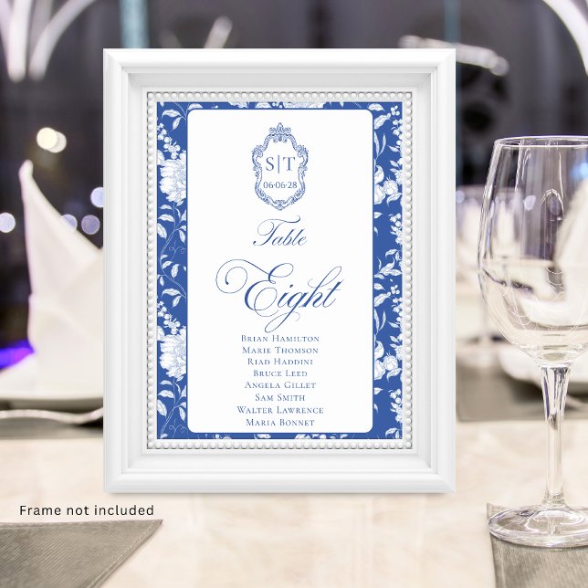 Monogram Blue Floral Script Eight 8 Names Table Number (Creator Uploaded)