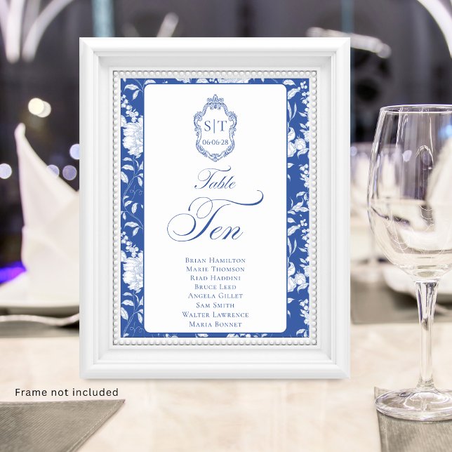 Monogram Blue Floral Script TEN 8 Names Table Number (Creator Uploaded)