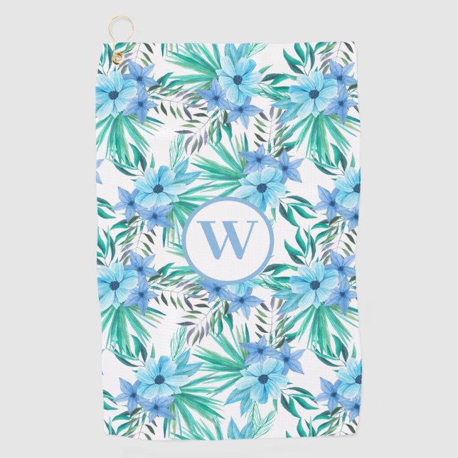 Monogram Blue Floral Tropical Botanical  Golf Towel (Front)