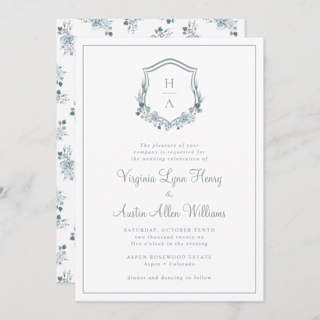 Monogram Blue Floral Wedding Invitation (Front/Back)