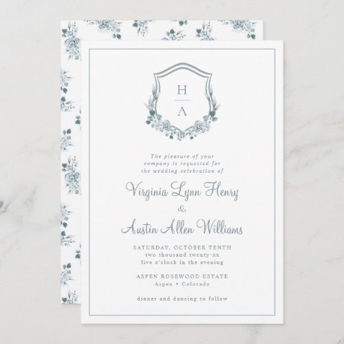 Monogram Blue Floral Wedding Invitation