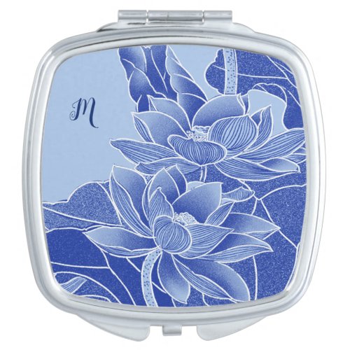 Monogram Blue Flowers Lotus Mandala Water Lily Compact Mirror